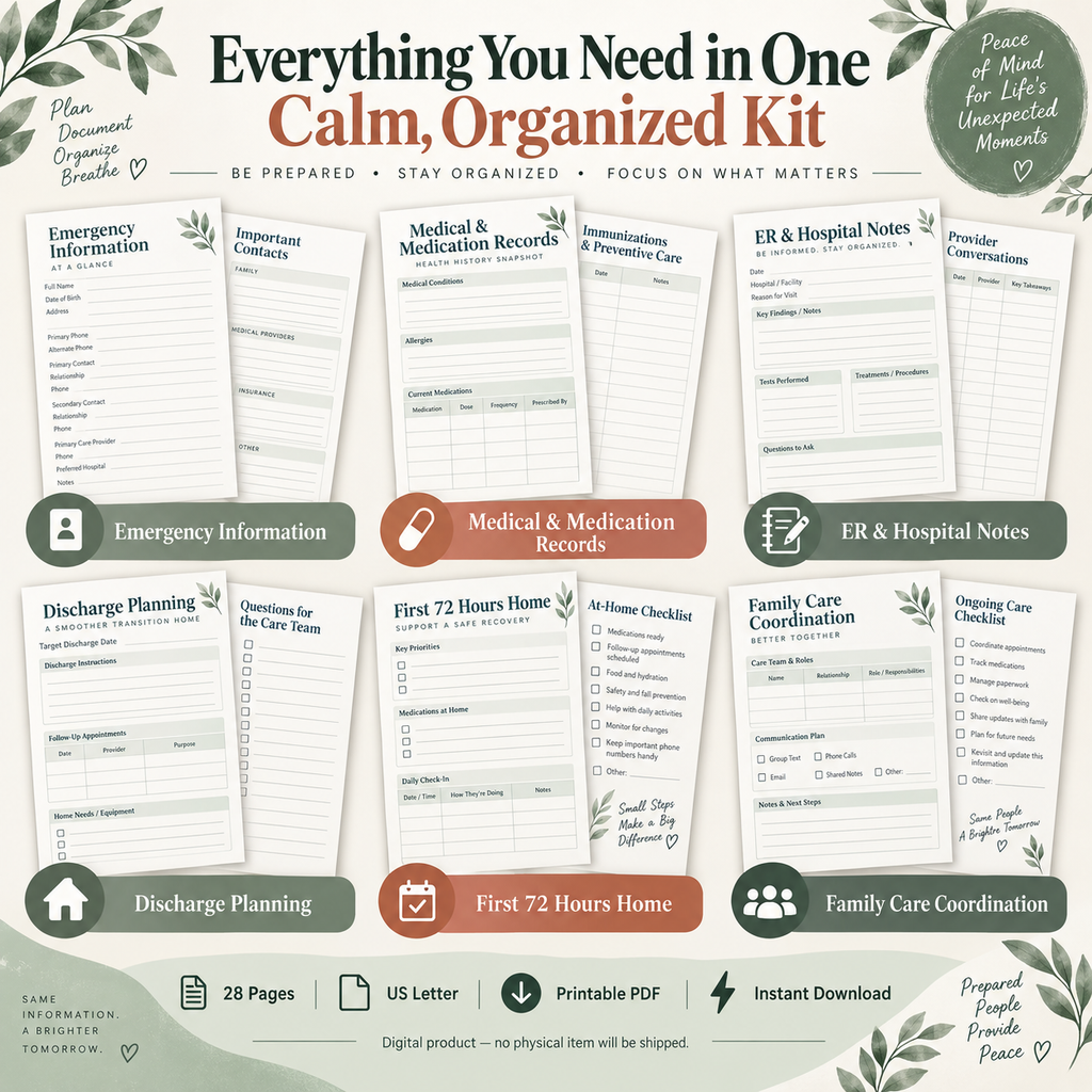 Caregiver Emergency Kit PDF – Hospital Planner, Medication List & Discharge Organizer