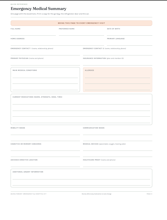 Caregiver Emergency Kit PDF – Hospital Planner, Medication List & Discharge Organizer
