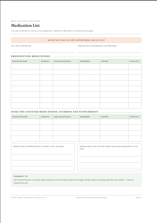 Caregiver Emergency Kit PDF – Hospital Planner, Medication List & Discharge Organizer