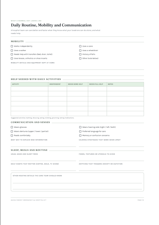 Caregiver Emergency Kit PDF – Hospital Planner, Medication List & Discharge Organizer